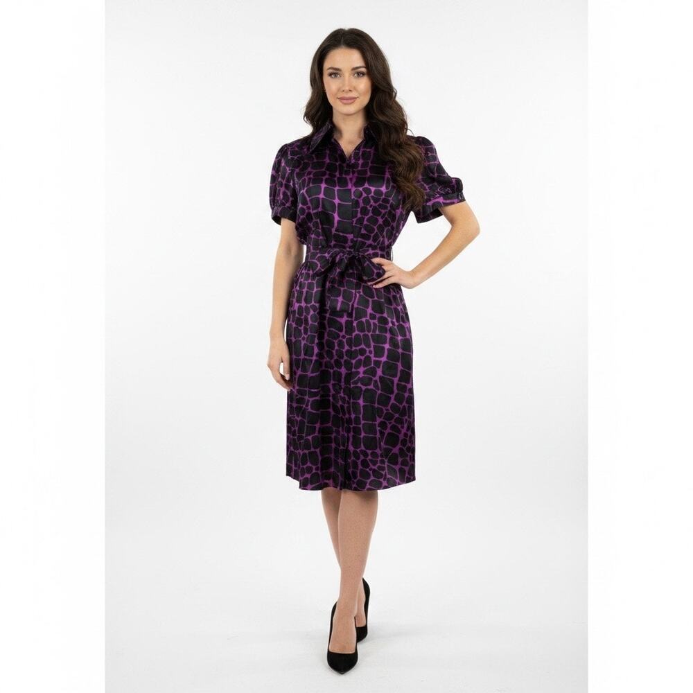 INC 100% Silk Shirt Midi Dress 8 Purple Black Belted Animal Print Office Work